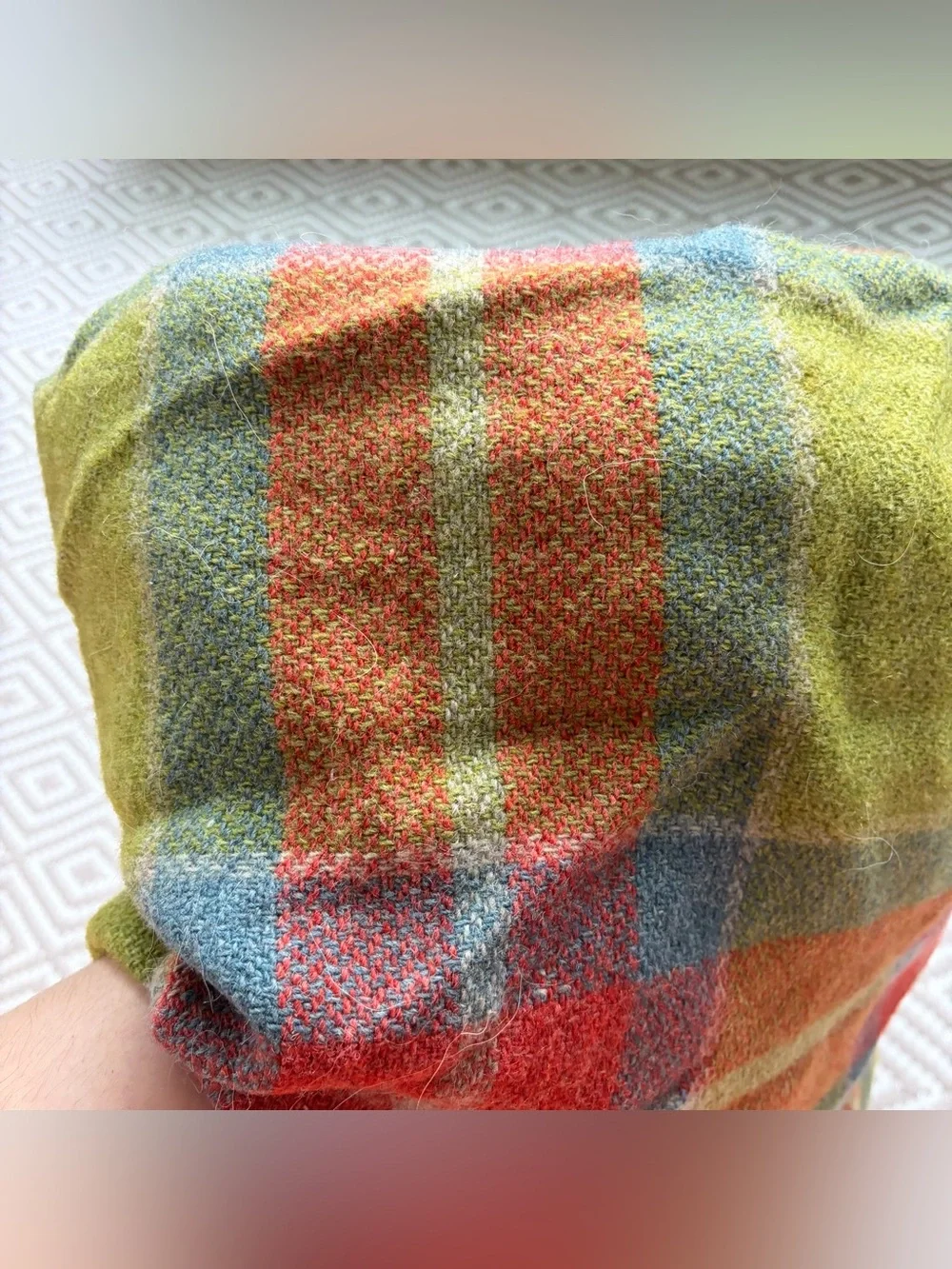 Green Plaid Tartan Woven Wool Mohair Tassel Throw Blanket Vintage